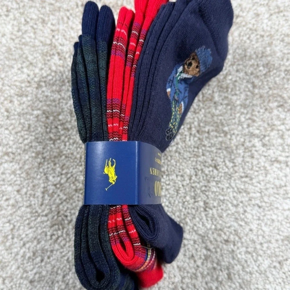Polo Ralph Lauren 3 Pack Boys Polo Bear Plaid Crew Socks Size 9-11 Shoe 4-10 NEW